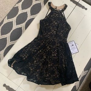 Black lace halter top cocktail dress